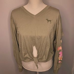 Army Green Tied Long Sleeve  Crop Top